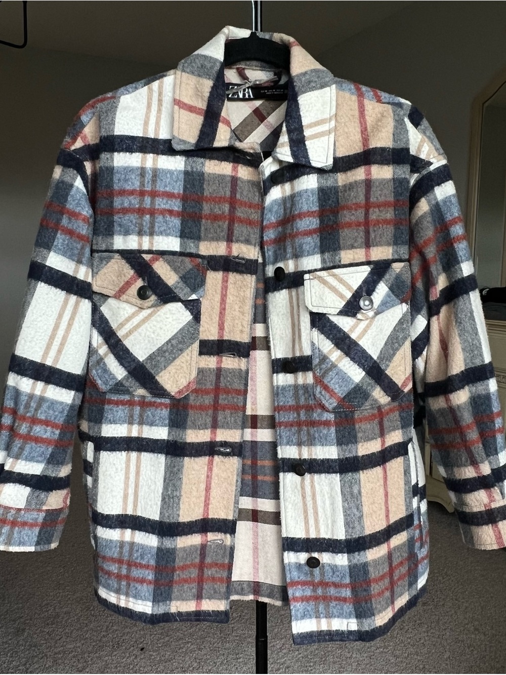 Zara  Plaid Shacket Jacket - Cream, Navy & Tan